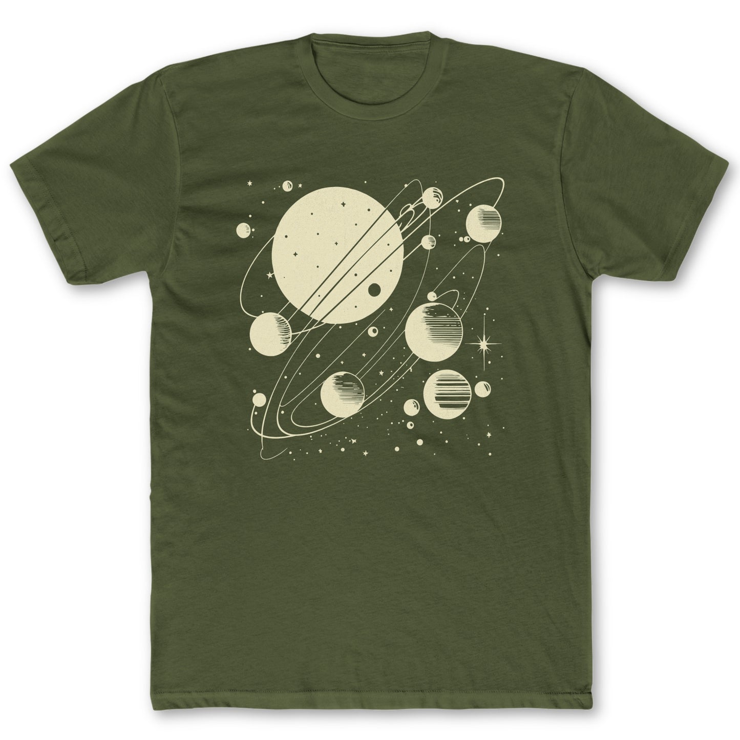 Vintage Planets T-Shirt - Funny Space Tee for Nerds & Geeks in Military Green
