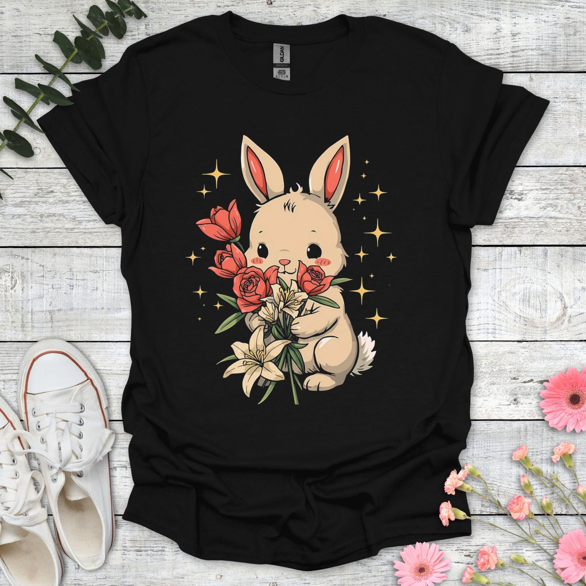 Rose Bunny T-Shirt | Comfort Colors® 1717 Black Boba