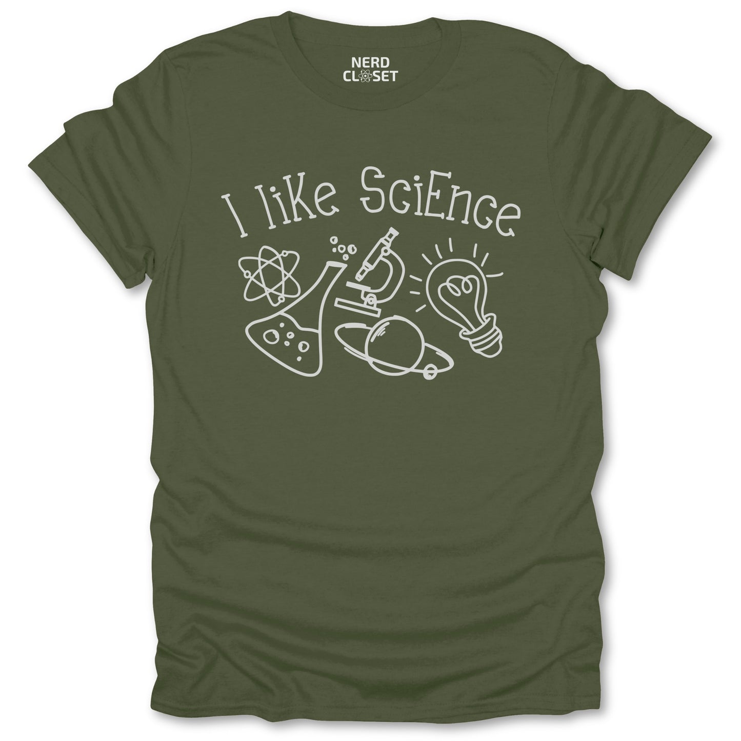 I Like Science Doodle T-Shirt - Funny Science Tee for Nerds & Geeks in Military Green