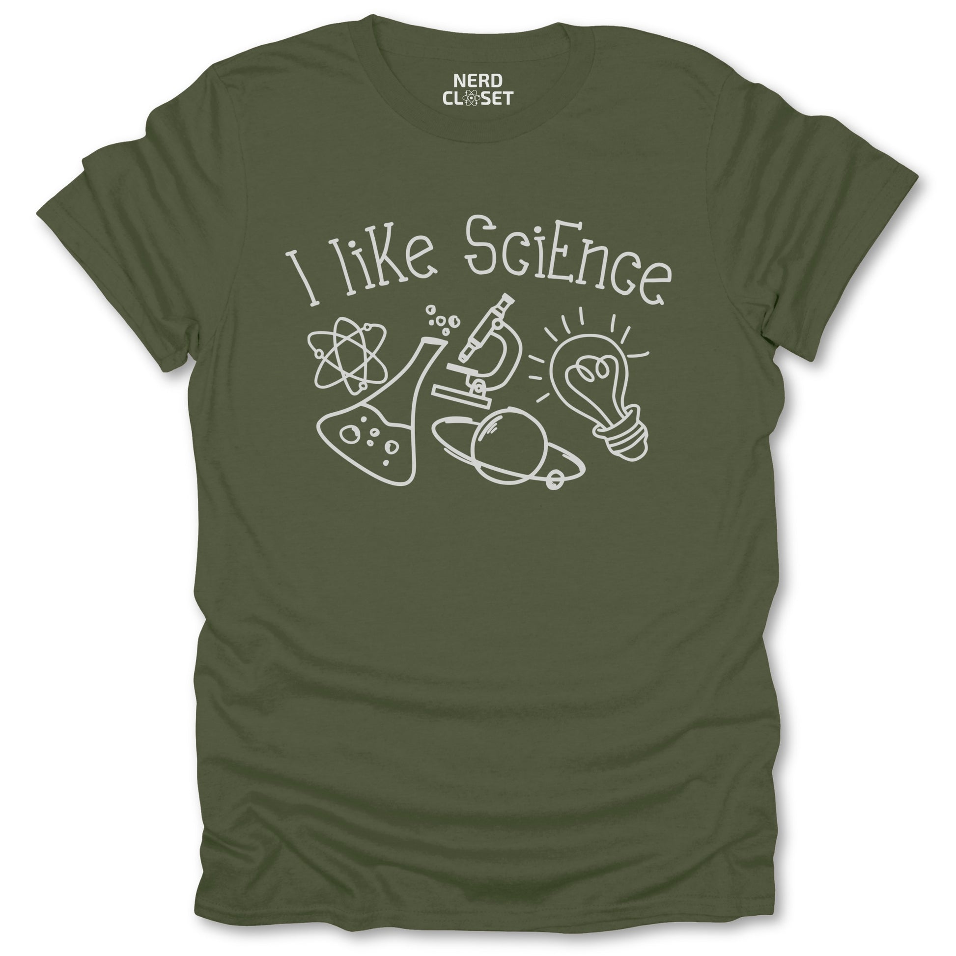 I Like Science Doodle T-Shirt - Funny Science Tee for Nerds & Geeks in Military Green
