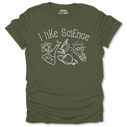 I Like Science Doodle T-Shirt - Funny Science Tee for Nerds & Geeks in Military Green