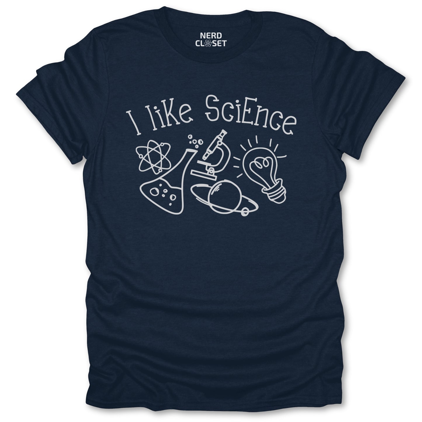 I Like Science Doodle T-Shirt - Funny Science Tee for Nerds & Geeks in Navy