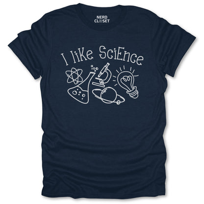 I Like Science Doodle T-Shirt - Funny Science Tee for Nerds & Geeks in Navy