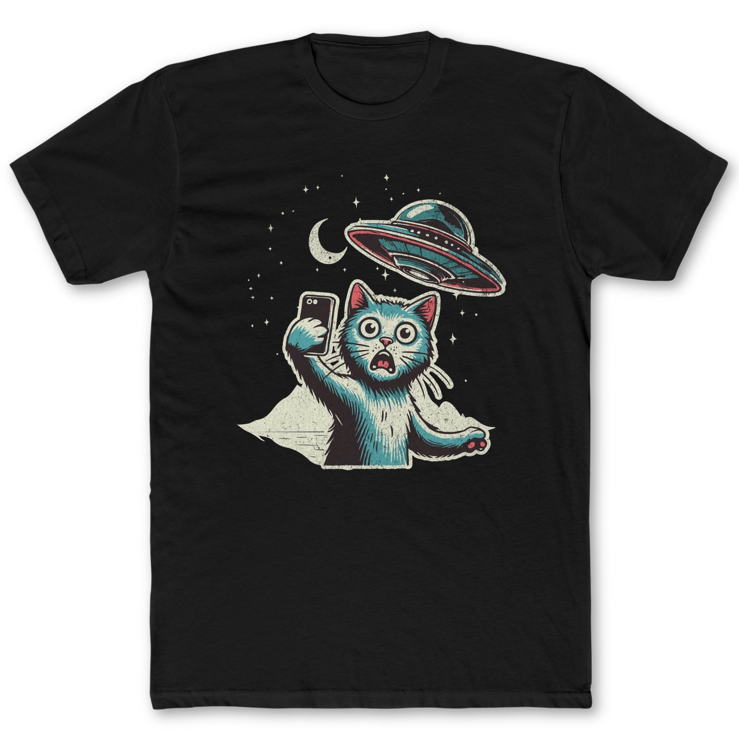 Cat UFO Selfie T-Shirt - Funny Space Tee for Nerds & Geeks in Black