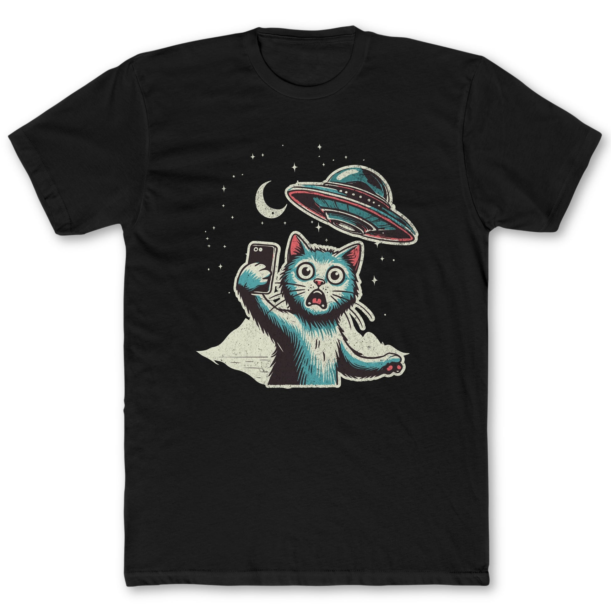 Cat UFO Selfie T-Shirt - Funny Space Tee for Nerds & Geeks in Black