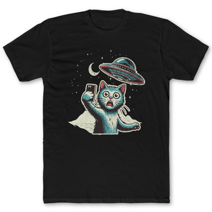 Cat UFO Selfie T-Shirt - Funny Space Tee for Nerds & Geeks in Black