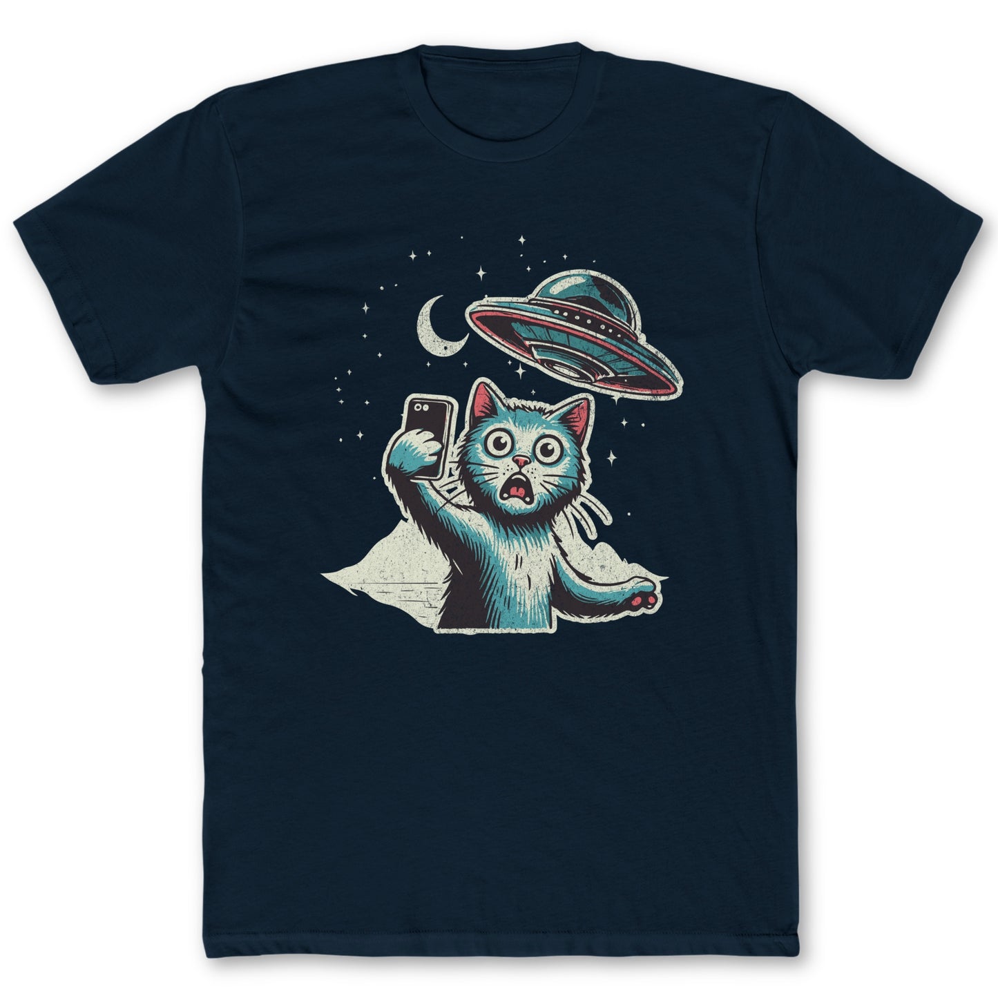 Cat UFO Selfie T-Shirt - Funny Space Tee for Nerds & Geeks in Navy