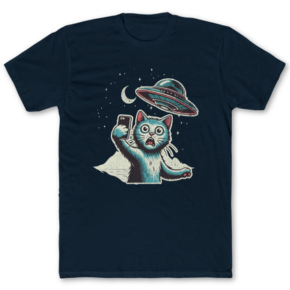 Cat UFO Selfie T-Shirt - Funny Space Tee for Nerds & Geeks in Navy